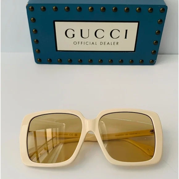 GUCCI GG0567SAN 006 square sunglass ivory white frame brown/light mirror lenses - Picture 9 of 16
